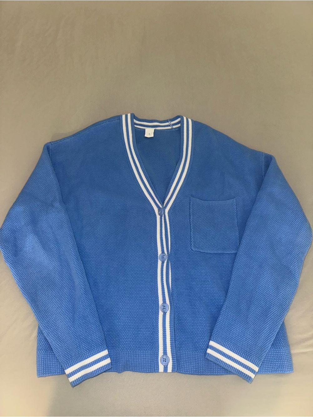 ALO Yoga Crystal Clear Blue V-Neck Button-Up Cardigan with White Stripe Trim